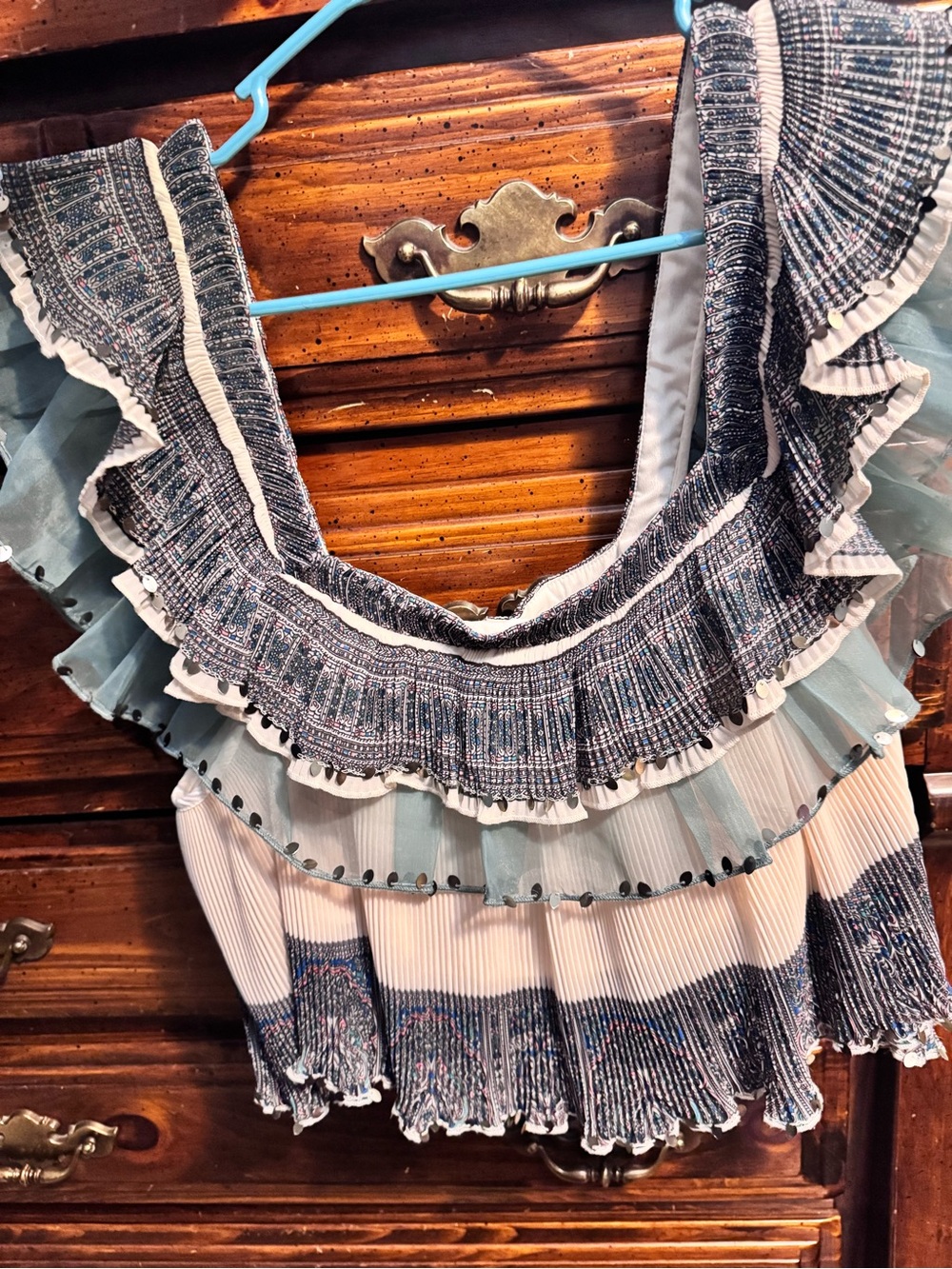 Anthropologie Smocked Ruffle Layered Blouse in Shades Of Blue and White - Picture 2 of 7